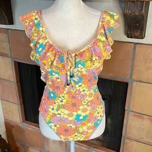 Jessica Simpson Yellow Floral Ruffle Trim One-Piece Swimsuit, M!